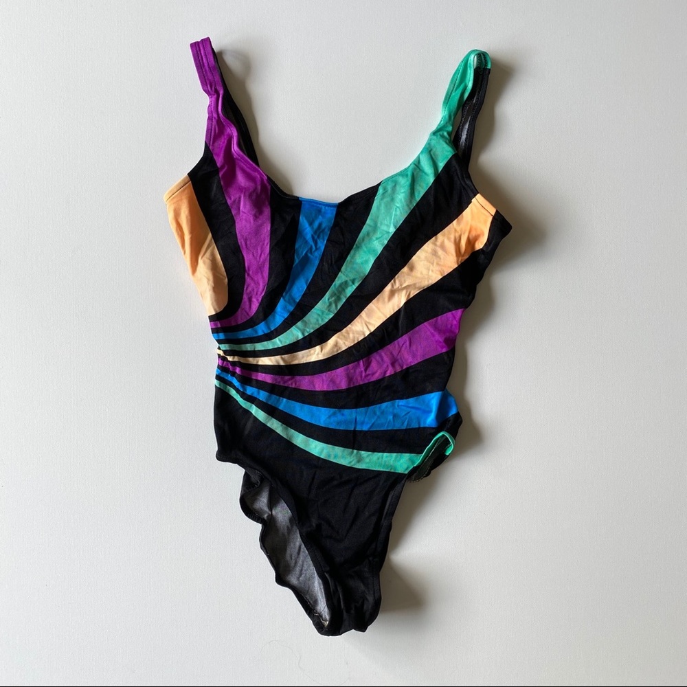 Vintage 80s Black Stripe One Piece Swimsuit M L